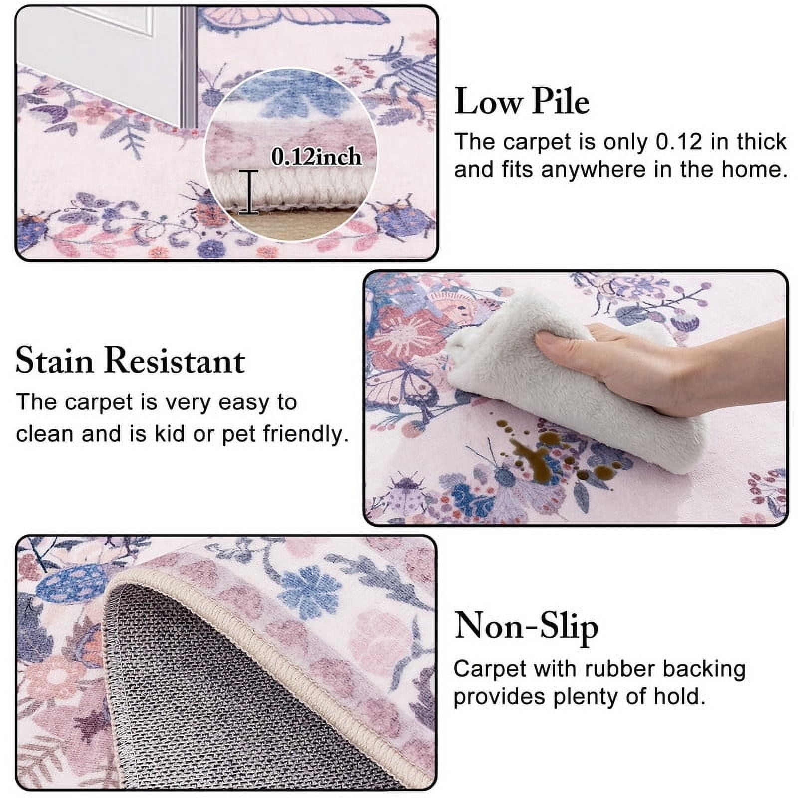 Butterfly Print Washable Pink Area Rug 4x6 for Living Room Bedroom Girls Room Nursery, Non-Slip & Stain Resistant Modern Indoor Dining Room Carpet, Soft Cozy Low Pile Throw Rugs with Rubber Backing