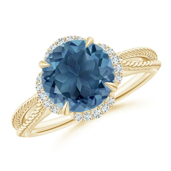 ANGARA Natural Round 3.3 ct London Blue Topaz Rope Pattern Split Shank Ring in 14K Yellow Gold for Women (Size-9mm) | November Birthstone Jewelry for Women | London Blue Topaz Ring (Ring Size - 7.5)