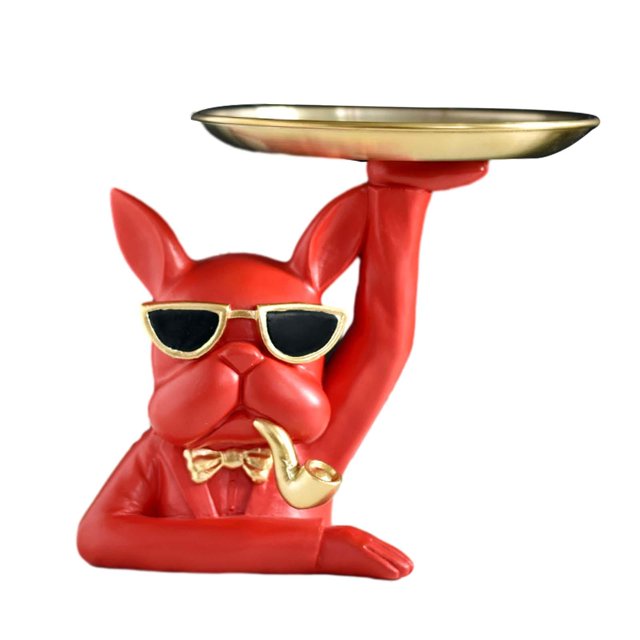 Bandeja de almacenamiento de estatua de perro, escultura de resina, bandeja de 17cm de diámetro, bandeja de joyería, soporte para dulces, adorno para Rojo mayimx Bandeja de almacenamiento de estatuas