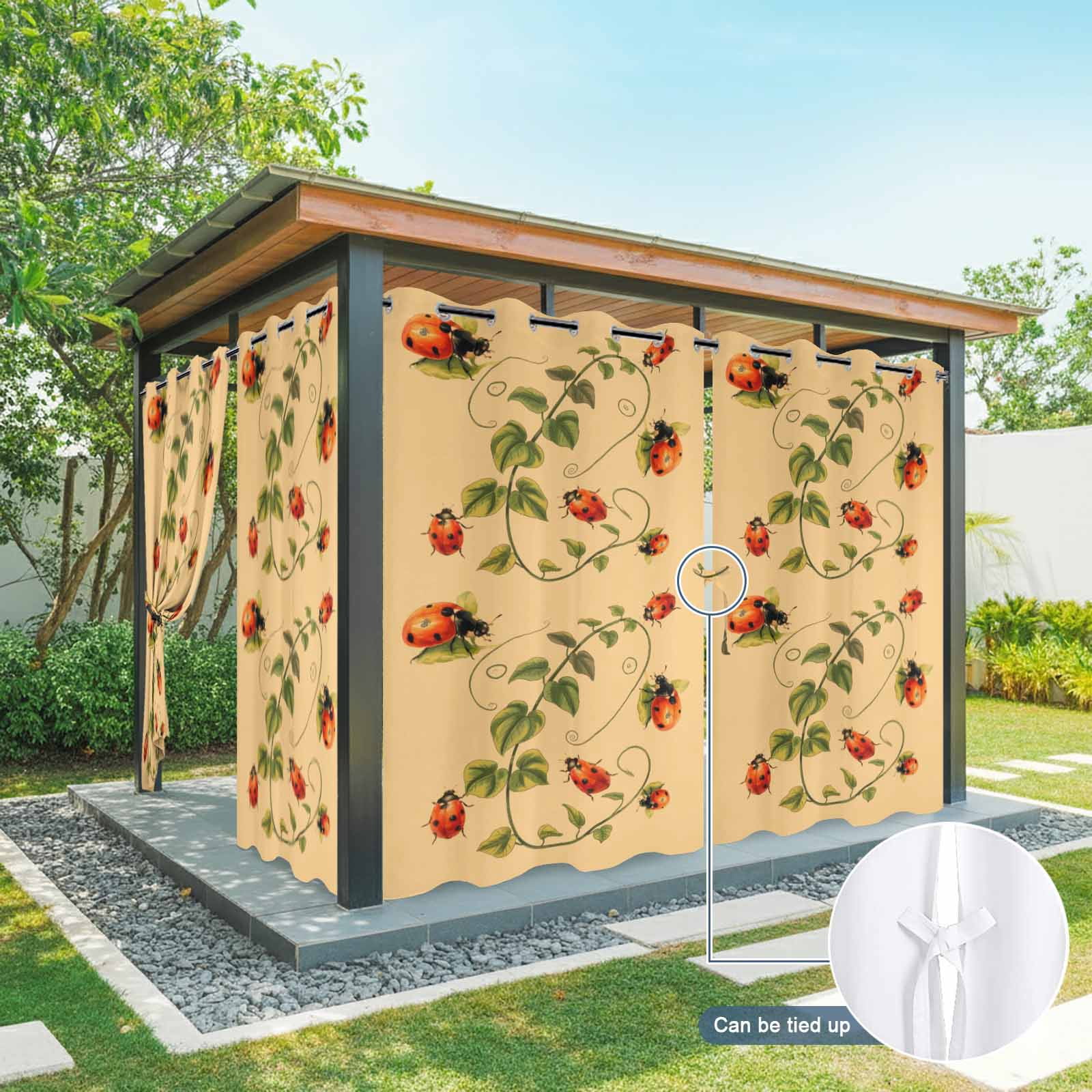 Outdoor Curtains for Patio Waterproof, Ladybugs Eucalyptus Outdoor Privacy Panels Grommet, Spring Botanical Leaves Yellow Blackout Outside Curtains for Porch/Cabana/Pergola/Gazebo 54"x84", 1 Panel