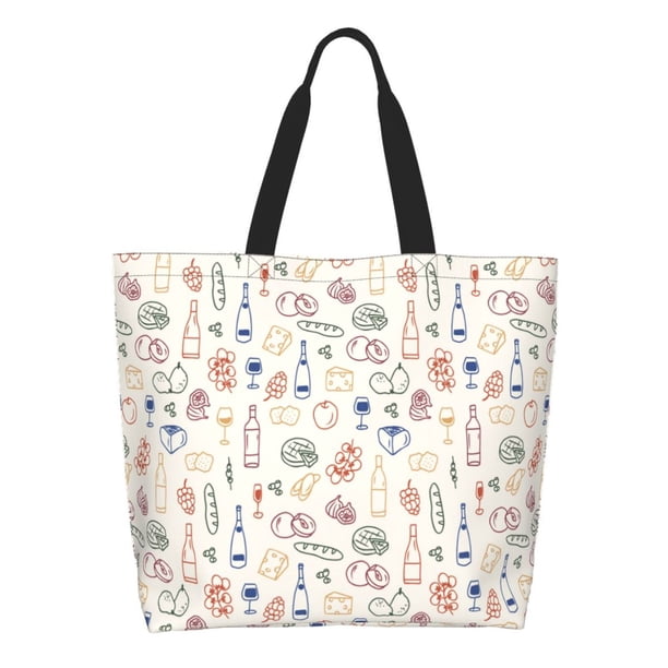 Fotbe Doodle Wine Bolsa Tote Estética de Lona con Estampado para Mujer - Bolsa Reutilizable de Hombro Casual para Vacaciones, Compras, Trabajo y Gimnasio