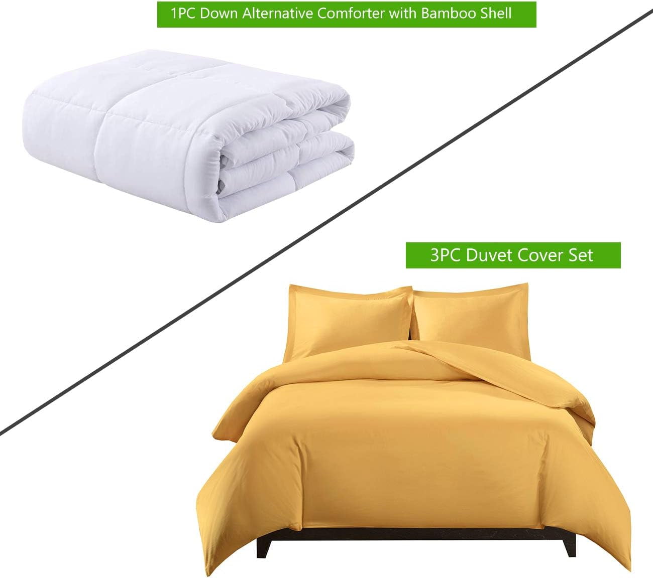 Sheetsnthings Viscose from Bamboo 4PC Bedding Set- Medium Weight Down Alternative Comforter and Duvet Cover with Shams (Full/Queen Gold)