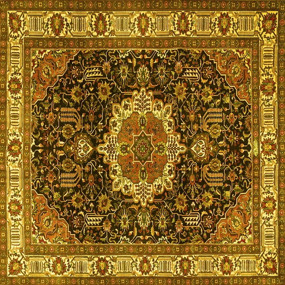 Ahgly Company Machine Washable Indoor Square Medallion Yellow Traditional Area Rugs, 4' Square