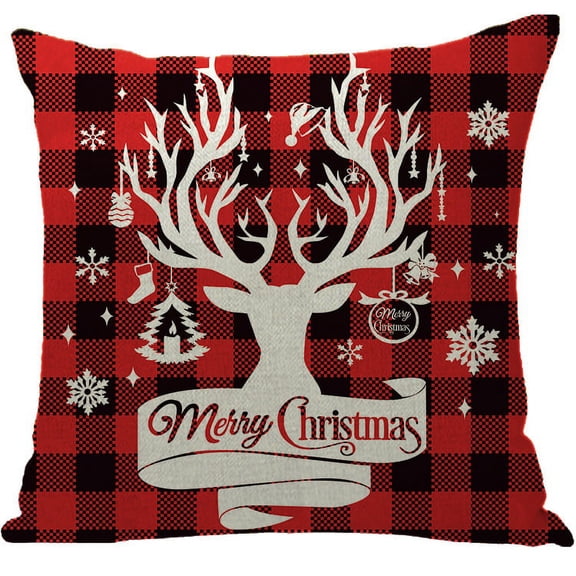 Yidarton Christmas Pillow Case Santa Claus Printed Linen Pillowcase Red Checkered Christmas Printing Pattern Cushion Cover