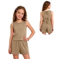 thumbnail image 6 of KPOPLK Girl's 2 Piece Outfits Summer Solid Color Linen Tank Top and Paperbag Waist Striped Shorts Set for 8 9 10 11 12Years(11 Years,Khaki), 6 of 7
