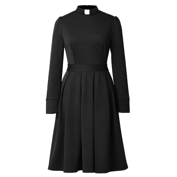 Afinprain Clergy Dress for Women Minister Long Sleeve Pleated A-Line Black Church Dress with Tab Collar