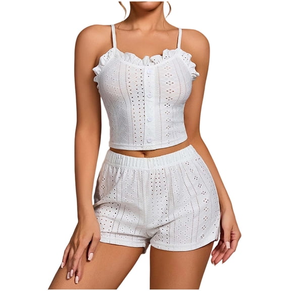 Erwazi Women Hollow Out Pajama Sets Spaghetti Strap Ruffle Tank Top Elastic Waist Shorts 2 Piece Loungewear Set