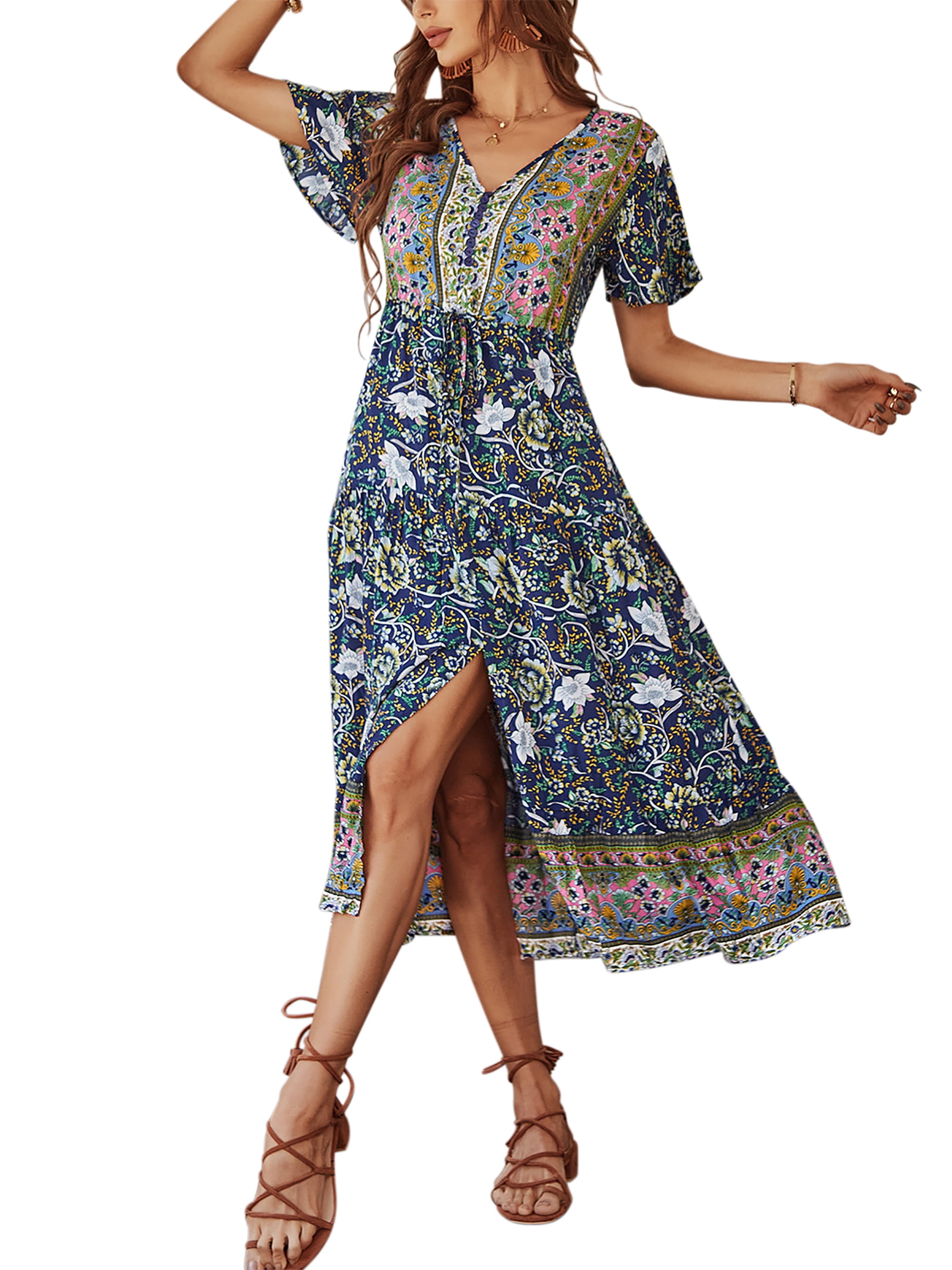 TEMOFON Women's Summer Bohemian Dress Casual V Neck Floral Print Flowy ...