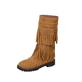 thumbnail image 2 of Willtoo Women's Vintage 2-Layer Fringe Suede Mid-Calf Boots,Round Toe Hidden Height Lifting Hippie Low Flat High Boots Brown, 2 of 6