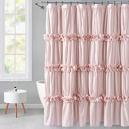 Ruffled Farmhouse Shower Curtain, Peach Pink Frilly Feminine Bathroom