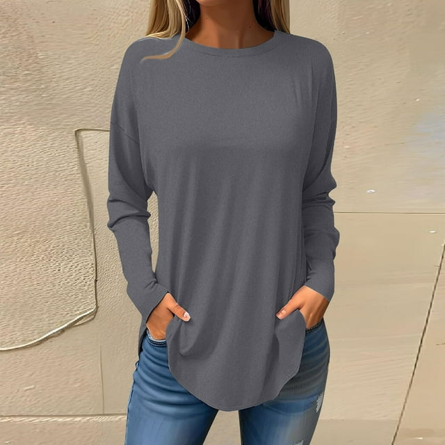 Long Sleeve Shirts For Women Round Neck Solid Color Fall Blouses Fashion Smocked Long Sleeve Shirts Tops