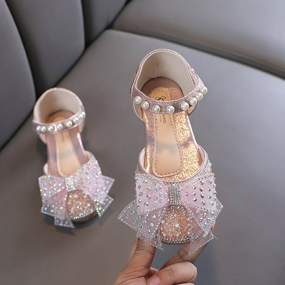 absuyy Girls Dress Shoes Sparkly Mary Jane Flats Rhinestone Bow Pearl Strap for Party Wedding Adjustable Pink,Size 2 T