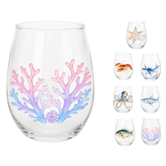 Artisanal Pastel Coral Flower Glassware, Pastel Coral Flower Stemless Wine Glasses, Handcrafted Marine Animal Bar Glass, Clear Decorative Drinkware for Home Bar Kitchen, Ocean Lovers