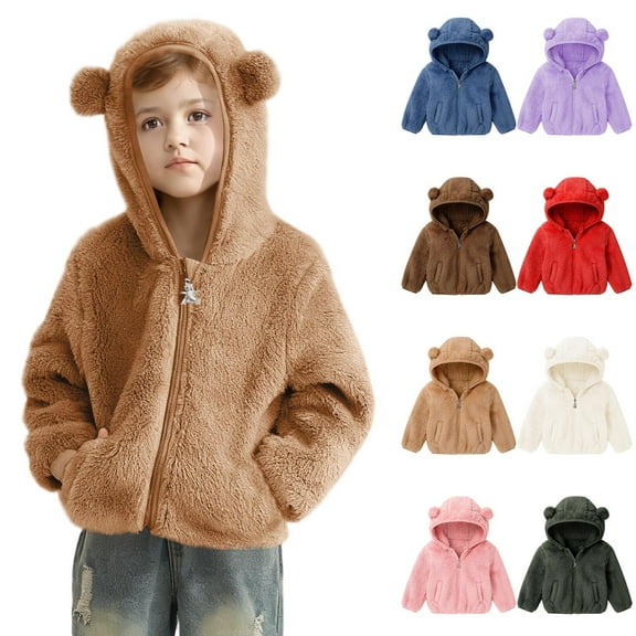 Fall/Winter Saving! HVOBTTY Toddlers Fleece Short Jacket, Kids Fall and Winter Coats, Kids' Casual Solid Color Fleece Double Sided Warm Pocket Zipper Hooded Jacket Army Green, 4-5 Years