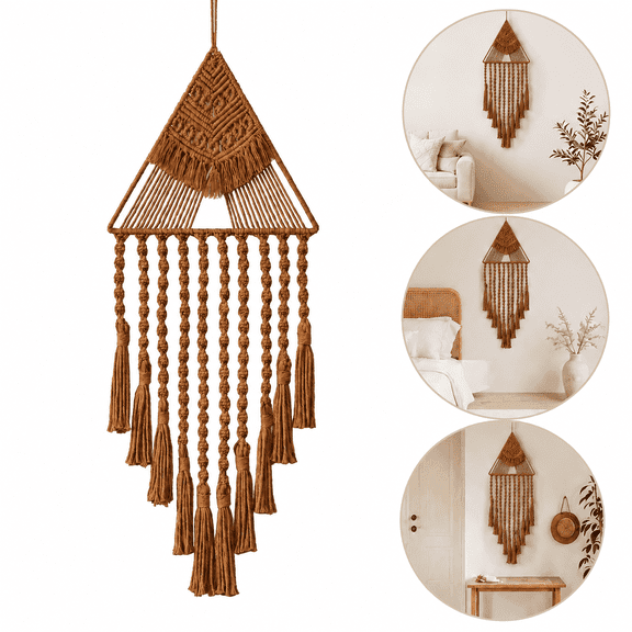 Boho Triangle Tassel Dream Catcher Wall Hanging, Brown Handmade Bohemian Home Wall Decor