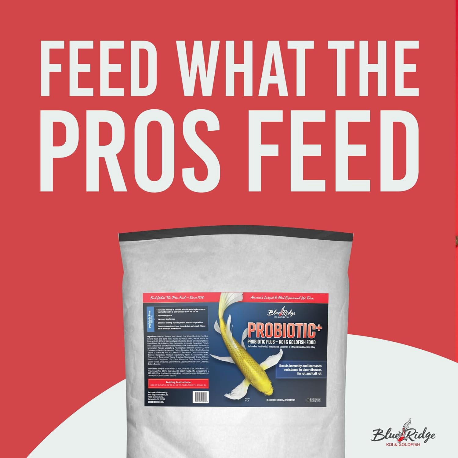 Blue Ridge Koi Fish Food 25lb - Koi Food 3/16” Probiotic Plus, Goldfish Food, Premium Fish Food for Ponds, Ponds Fish Food, Koi Food Fall and Winter Fish Food, Floating Pond Pellets