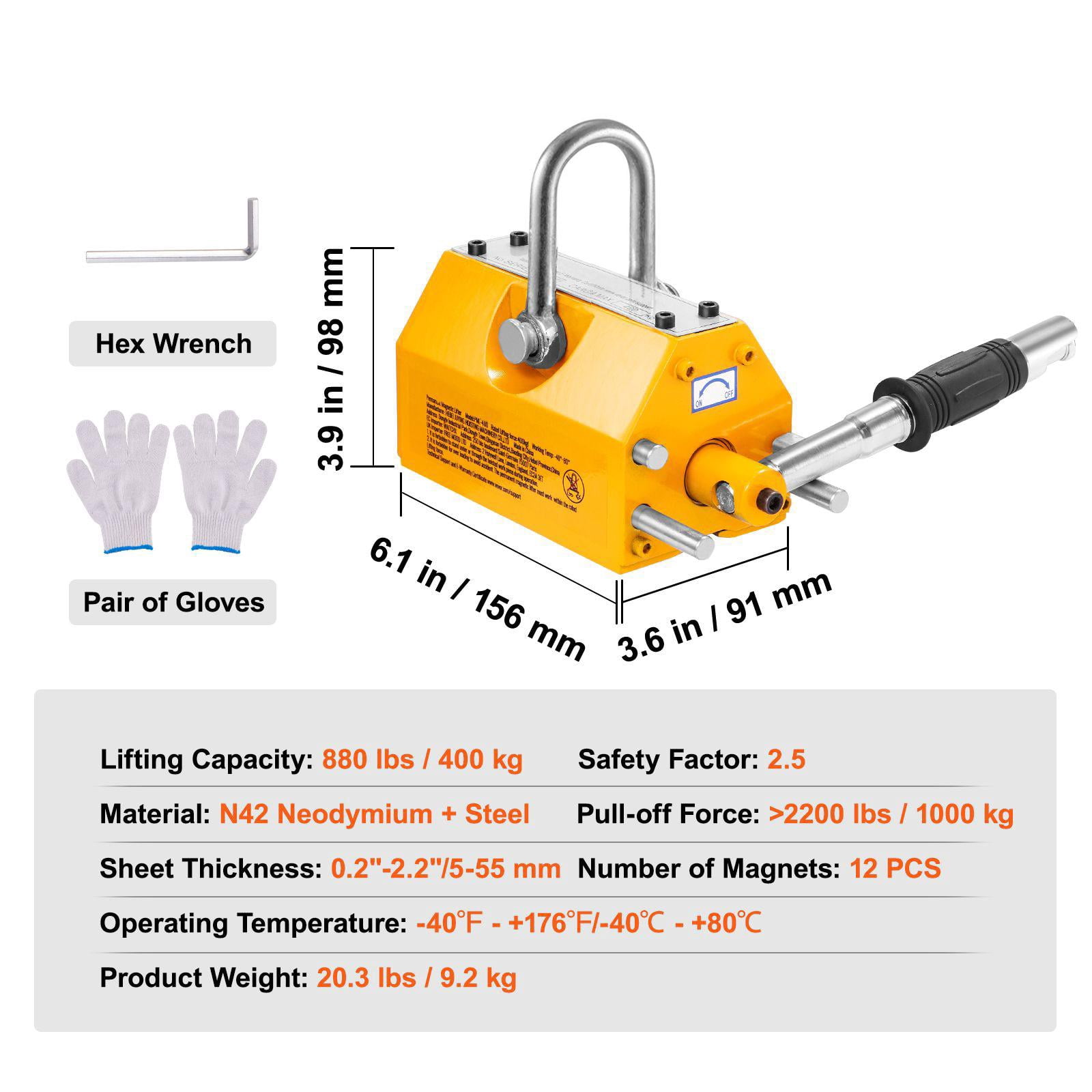 Magnetic Lifter 880 lbs 400 kg Pulling Capacity 2.5 Safety Factor Neodymium Steel Lifting Magnet with Release Permanent Heavy Duty for Hoist Shop Crane Block Board