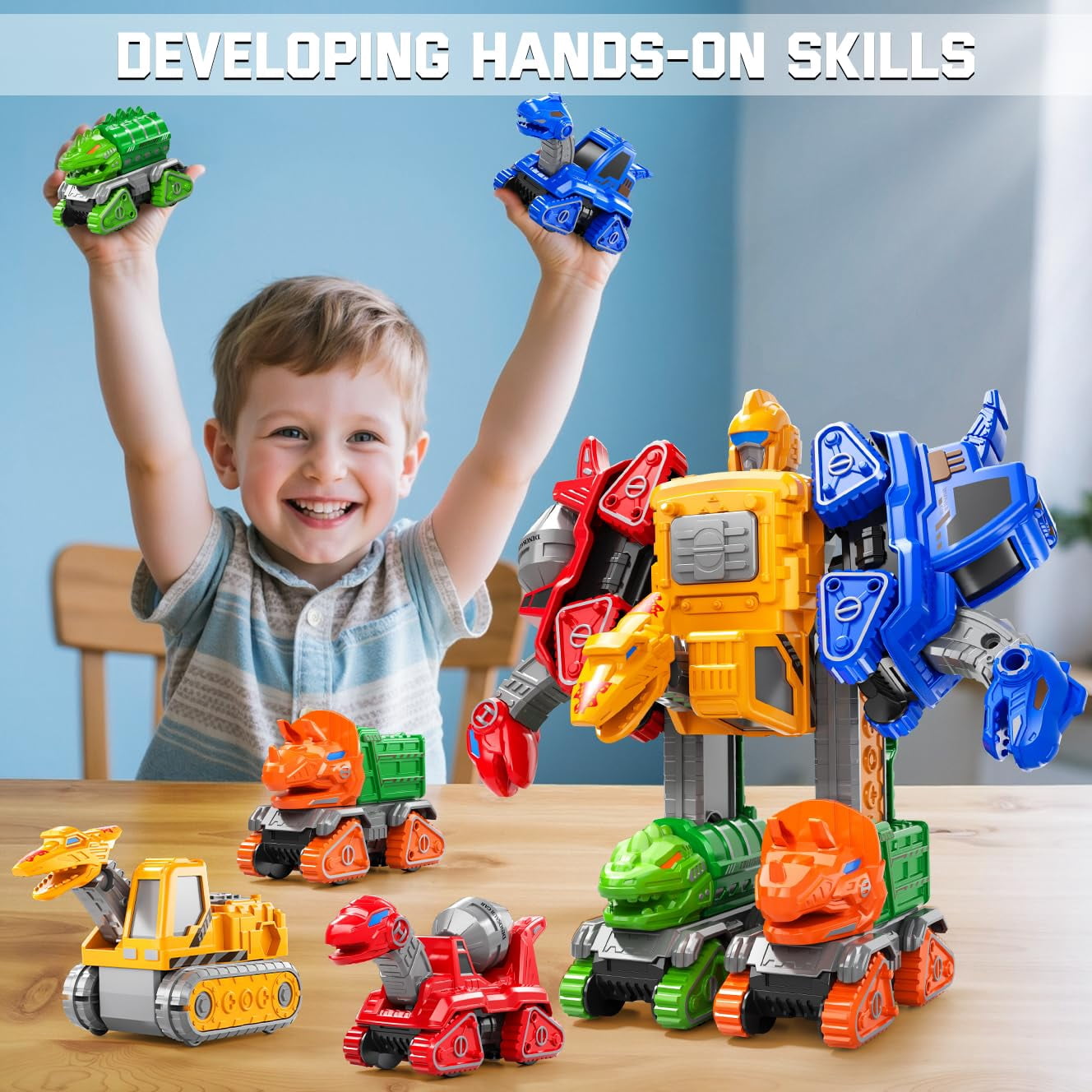 5-in-1 Dinosaur Transforming Robot Toy, Construction Vehicle Set for Kids 3-8, STEM Educational Building Toy Cars