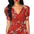 thumbnail image 3 of DYMADE Women V-neck Slim Pleated Flare Sleeve Printed Dress, 3 of 4