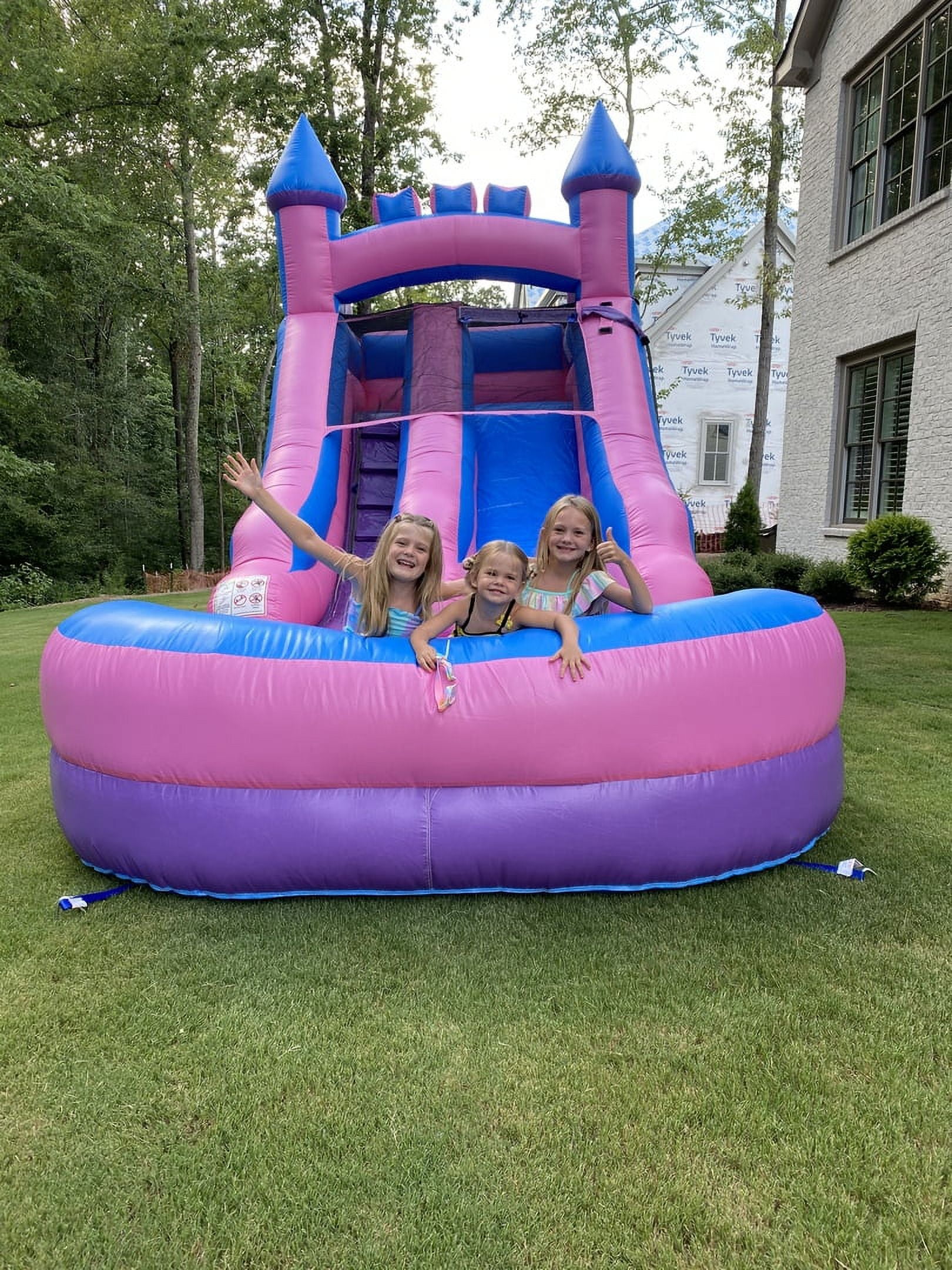 Pogo Bounce House Crossover Kids Inflatable Water Slide Trio, Rainbow, Pink and Tropical, 12 ft