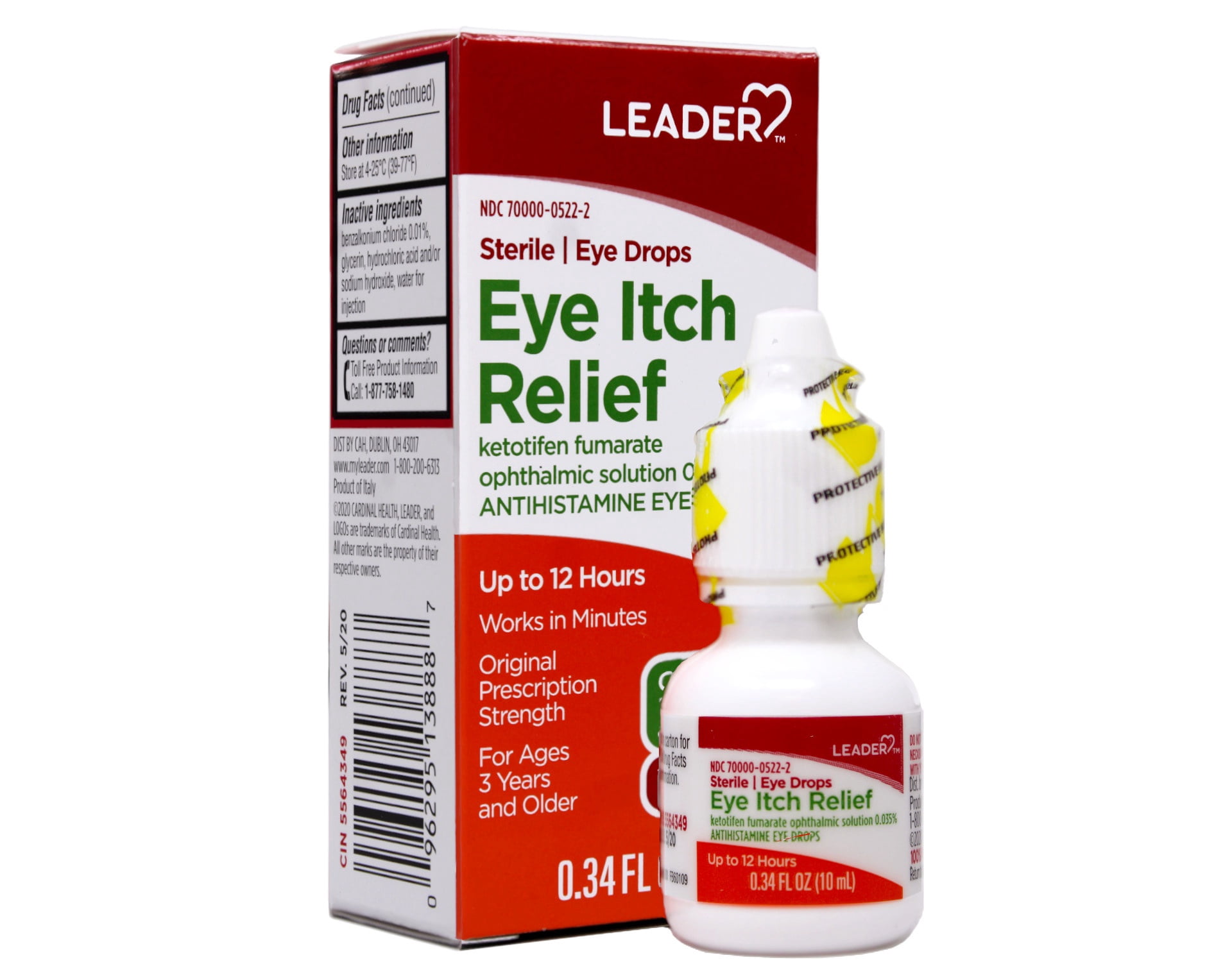 2 Pack - LEADER Sterile Eye Drops for Eye Allergy & Itch Relief, Ketotifen Antihistamine Solution 0.035%, Up to 12 Hours, Prescription Strength 0.34 fl oz