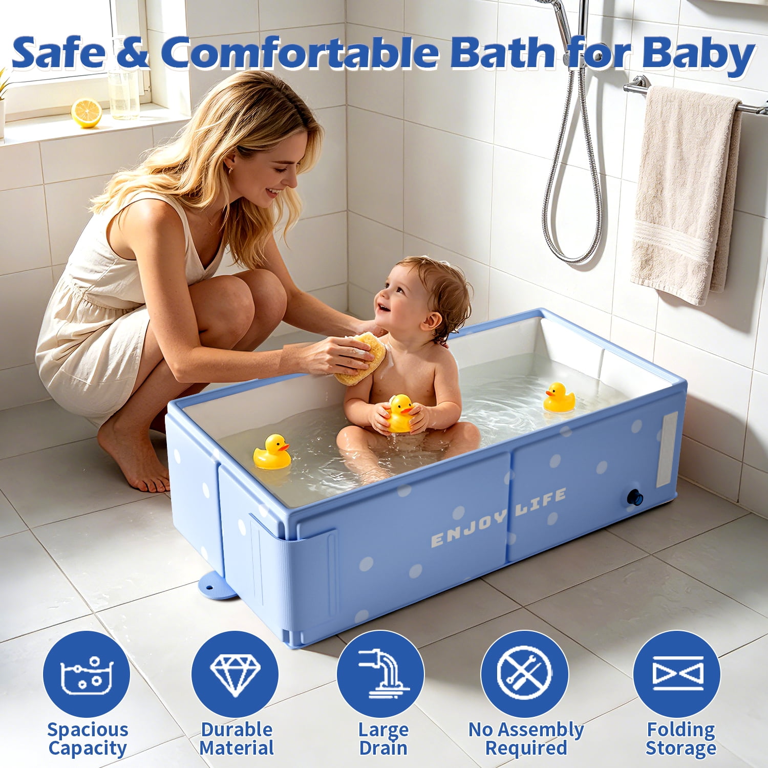 Wonderstone Portable Foldable Bathtub, Rectangle Baby Shower Tub with Drainage Design, Beach Vacation Travel Essentials for 1-3 Kids Toddler (Blue)