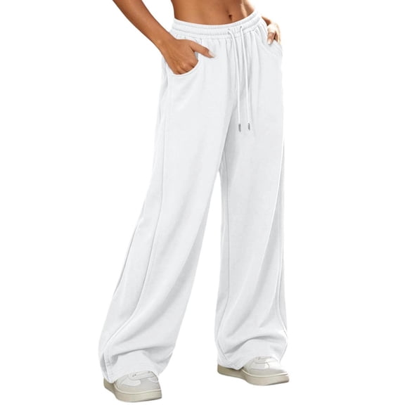 vdgthytj Womens Sweatpants Wide Leg Baggy Drawstring Waist Solid Basic Pants with Pockets Fall Winter Casual Athletic Trousers(X-Large,White)