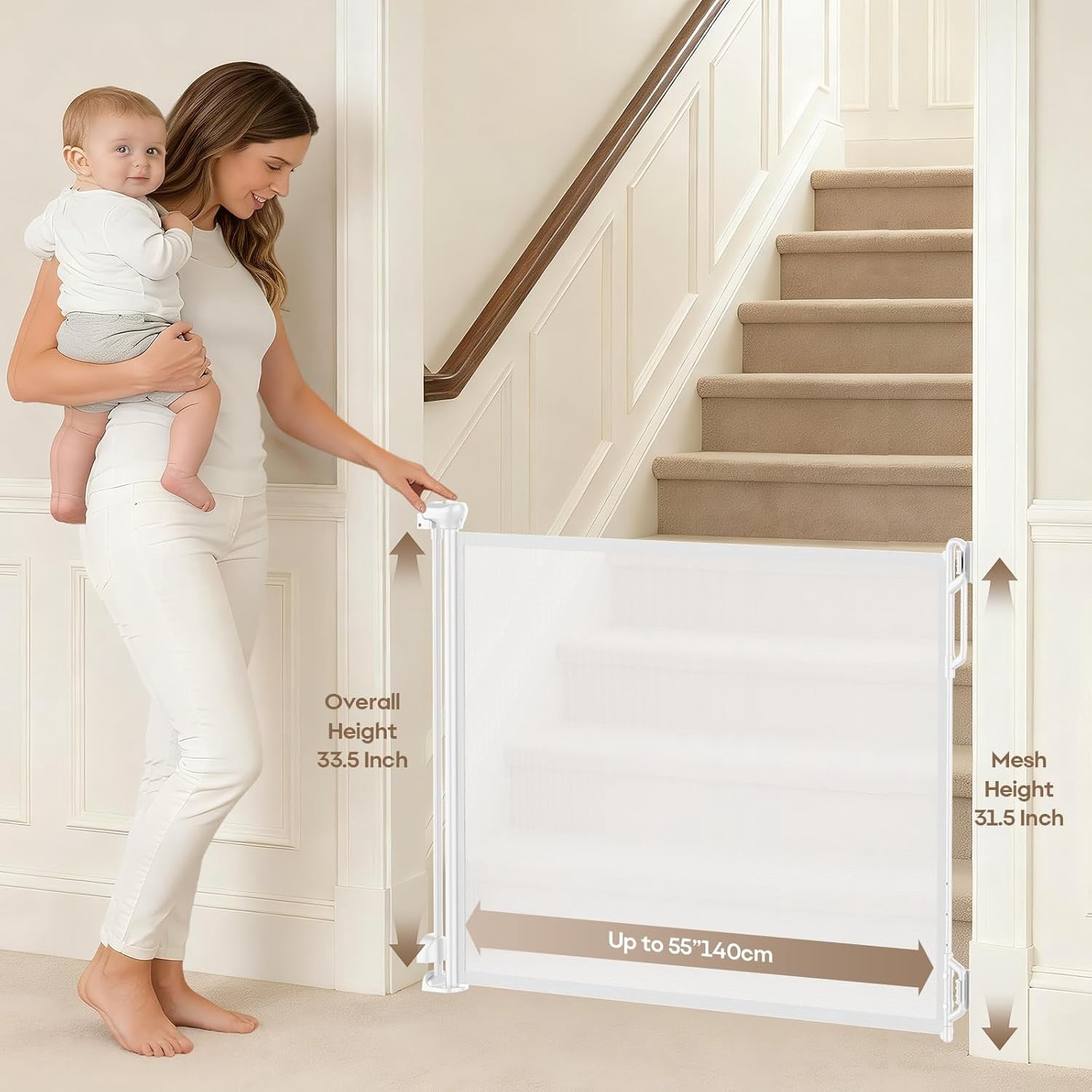 Retractable Safety Baby Gate or Mesh Dog Gate,Durable Portable Mesh Retractable Gate,Easy to Use for Stairs, Doorways, Hallways, Indoor, Outdoor, 33.5" Tall, Up to 55" Wide, Cream