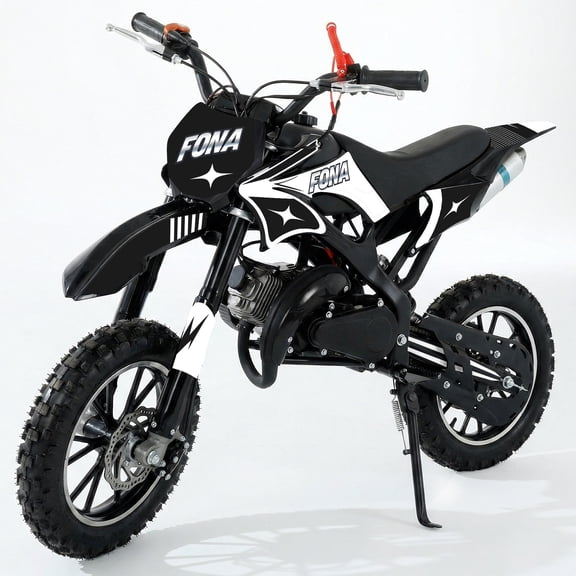 FONA 49cc 2-Stroke Dirt Bike for Kids 8-12, 25mph Mini Motorcycle with Dual Disc Brakes, Multi Terrain Tires, Suspension & Soft Seat Black