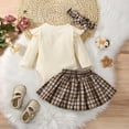 thumbnail image 6 of ZCFZJW 3Pcs Toddler Baby Girl Cotton Ruffled Long Sleeve Cotton Open Button T Shirts Tops Bow Buffalo Plaid Overall Skirts Cute Butterfly Bowknot Hairband Outfits Set(Beige,9-12 Months), 6 of 9