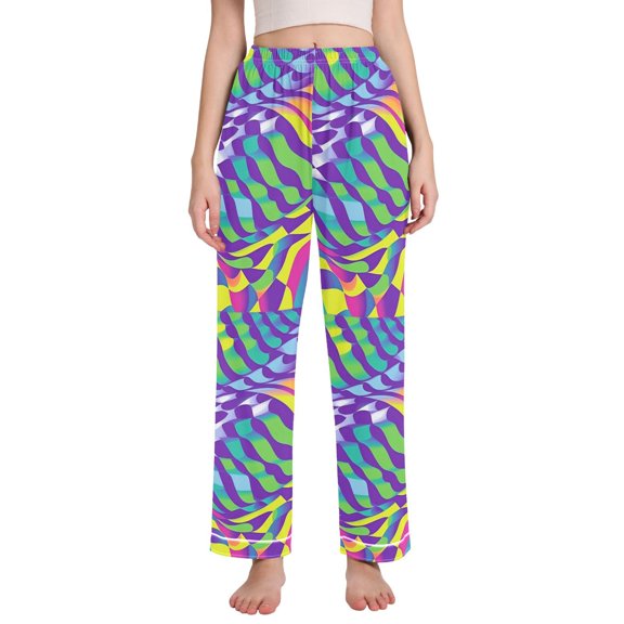 FORMRS Women's Pajama Pants with Pockets Soft Comfy Loungewear Sleep Bottom, Sizes S-2XL, Green Wavy Pattern