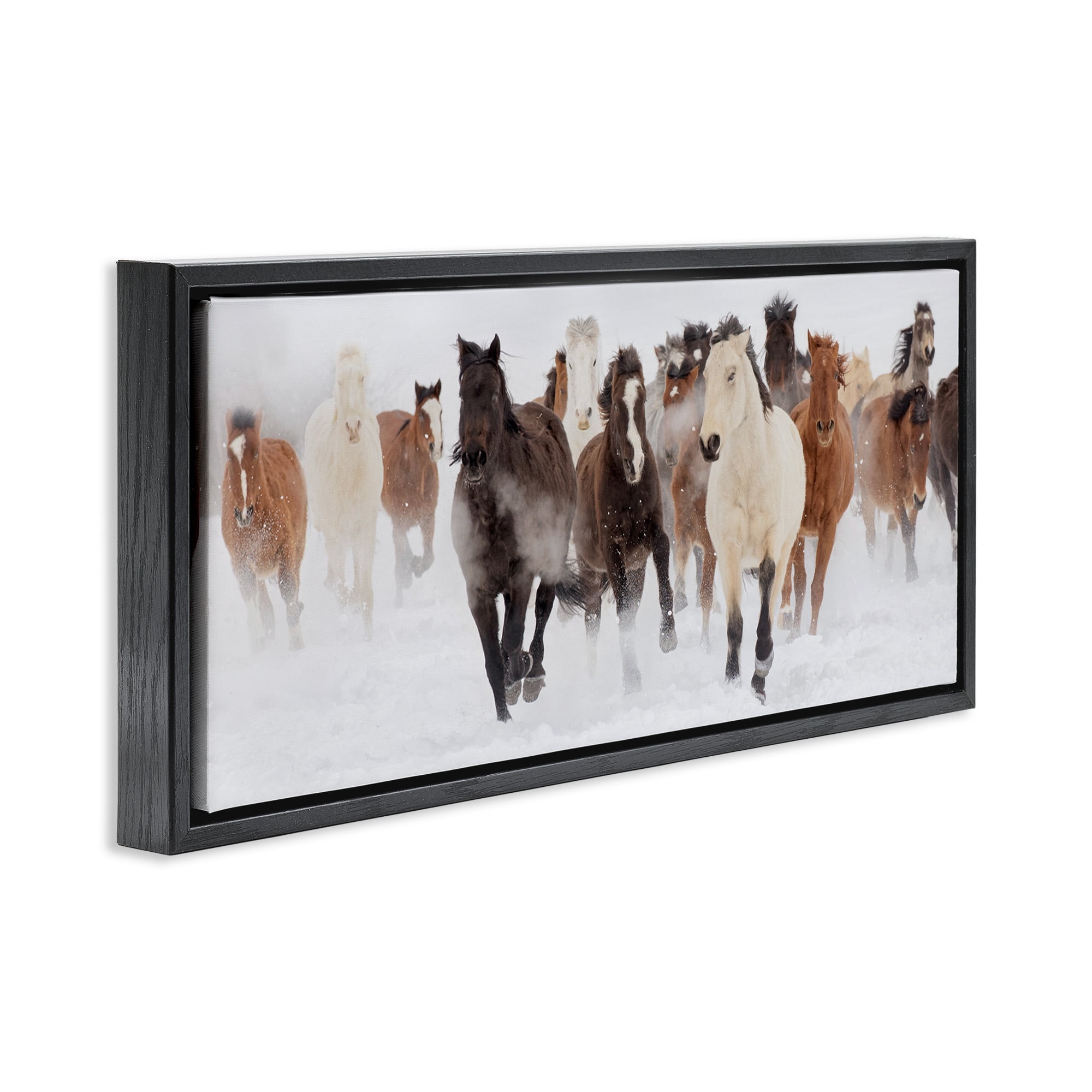 Stupell Industries Wild Horses Herd Foggy Winter Animals & Insects Painting Black Floater Framed Canvas Art Print Wall Art, 25 x 11