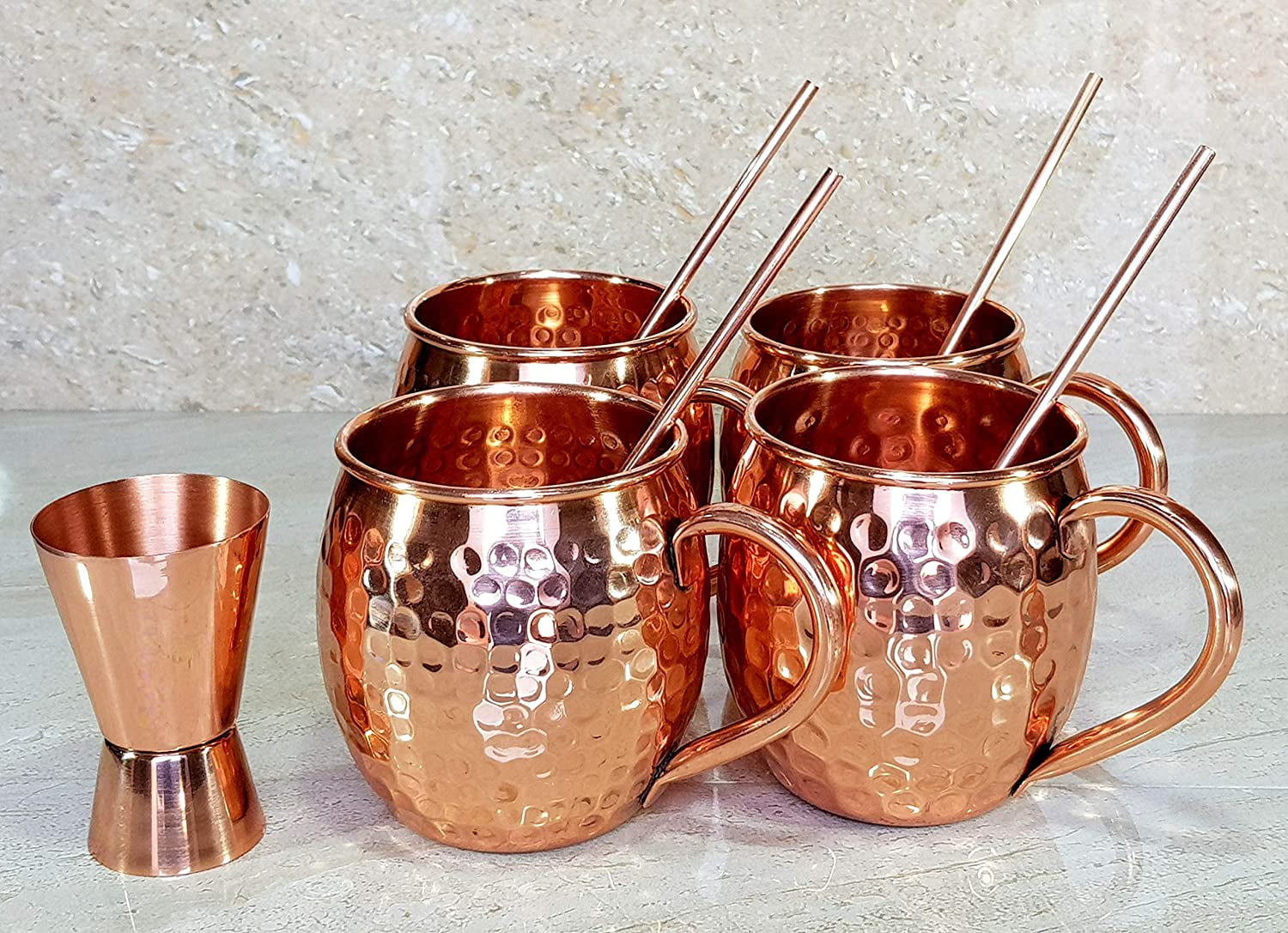6 Tumbler Cup Set 100% Copper Drink Water Silver Polished Hammered Jug 