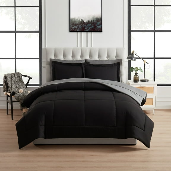 Mainstays All in One Reversible Comforter and Sheet set- 7 Piece, Queen, Black