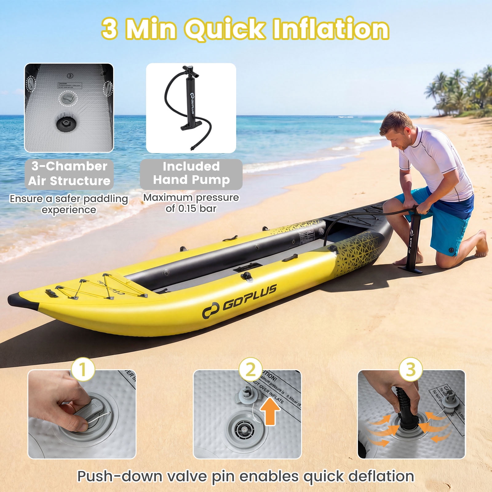 Costway Inflatable Kayak Set Portable 2-person Kayak with Aluminium Oars EVA Padded Seat Yellow