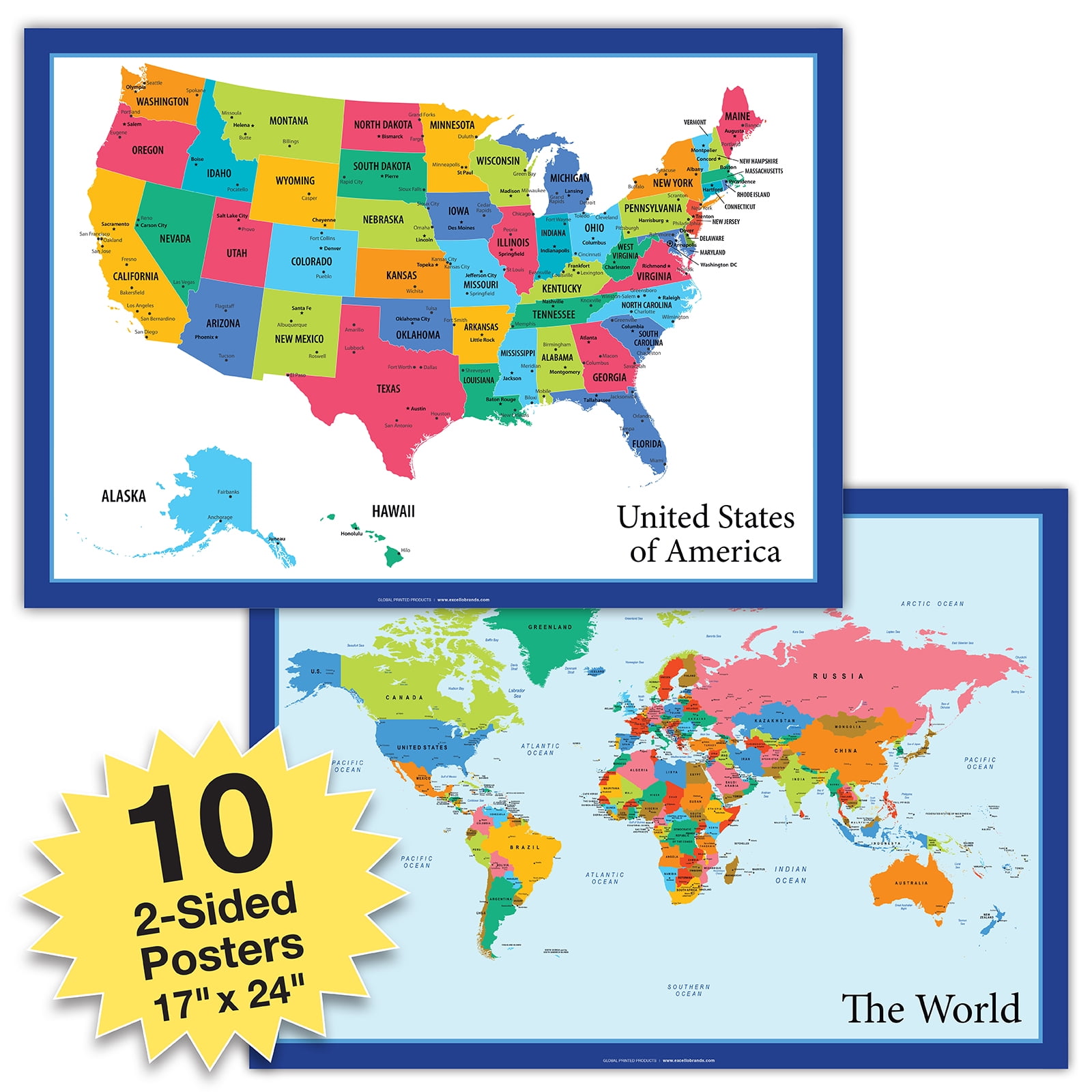 10 Extra Large USA Map and World Map Posters (24x17 inch Double Sided