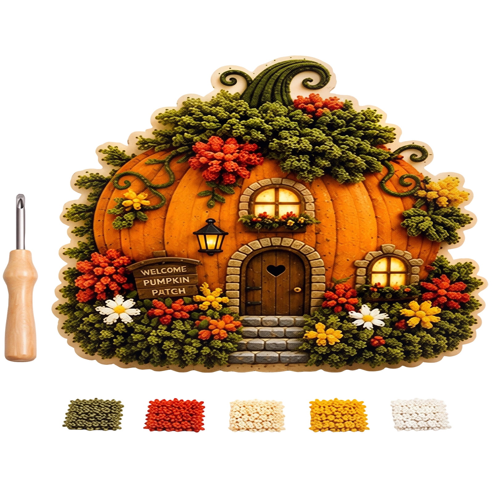 Whimsical Village 3D Fabric Poke Art Kit No-Sew DIY Poke Art Craft Kit for Adults Teens Beginners Fabric Craft Hobby Whimsical Wall Table Decor Gift Pumpkin House