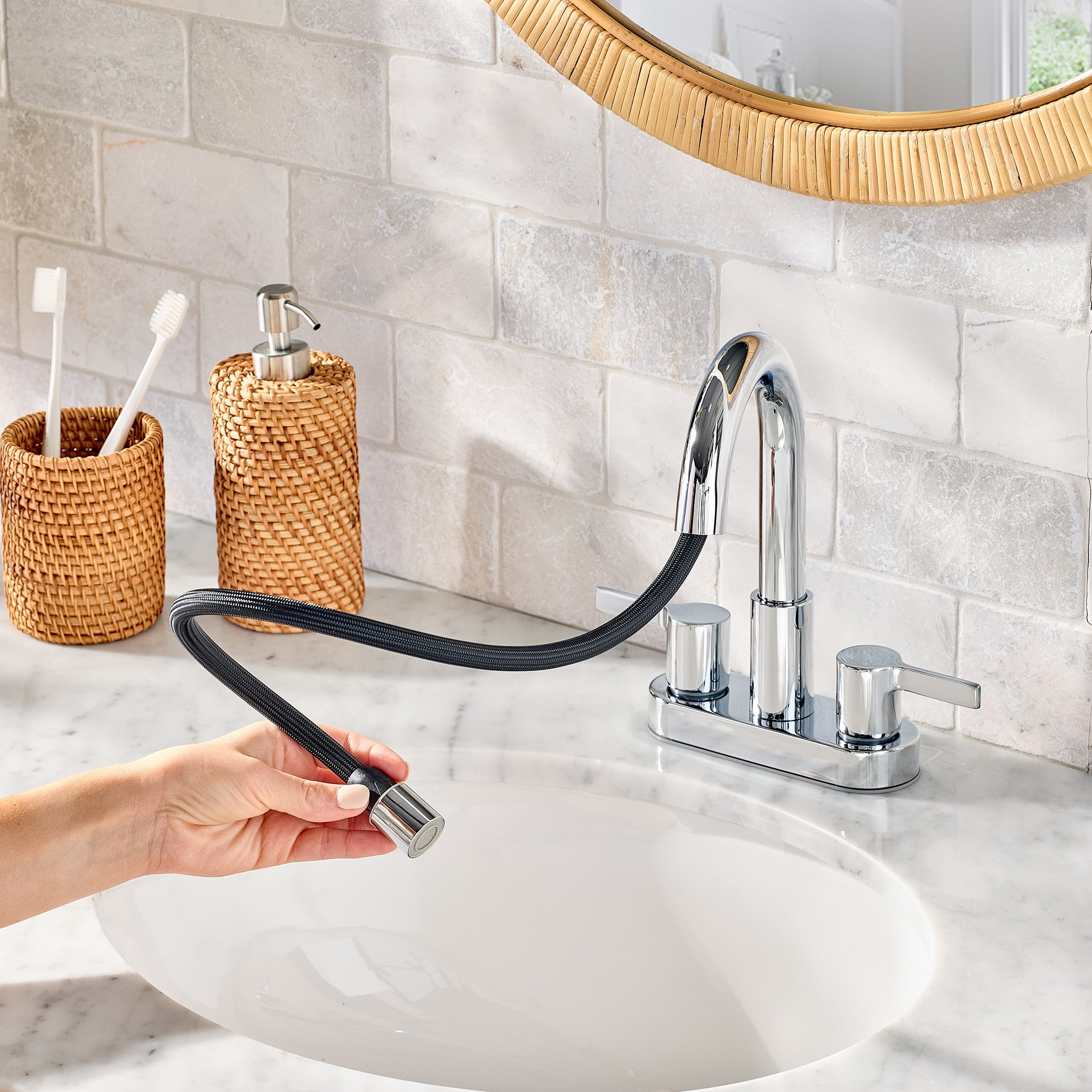 Better Homes & Gardens Clean Modern Chrome 4" Centerset Bathroom Faucet with Pull-Down Sprayer