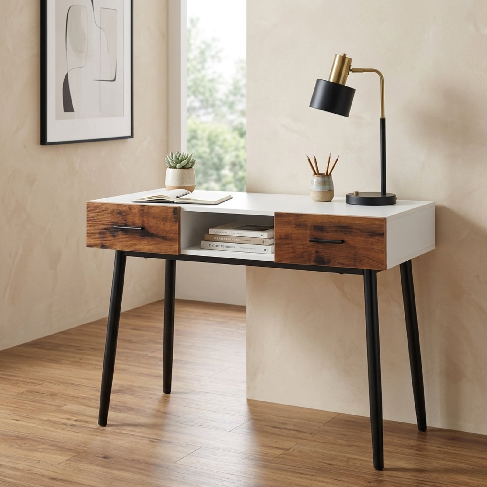 Furnibear 42 Inch Industrial Console Table with 2 Drawers and Open Shelf for Entryway Hallway Living Room and Behind Sofa, Black