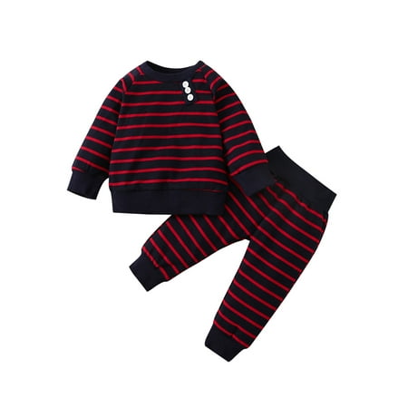 

Lieserram 3M 6M 9M 12M 18M 24M Baby Boy Girl Fall Clothes Long Sleeve Button Front Striped Print Pullover Tops + Pants Set