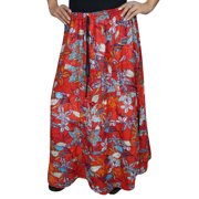 Mogul Womens Red Floral Print Hippie Skirt A-Line Cotton Blend Comfy Elastic Waist Maxi Skirts