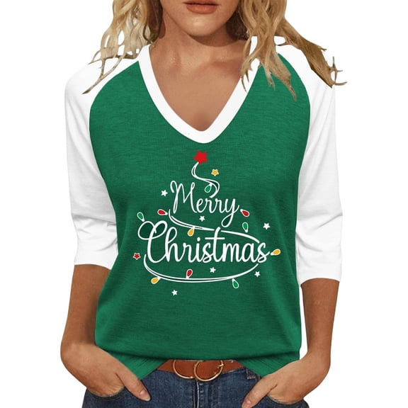 Trendfront Womens Christmas Graphic T Shirts V Neck 3/4 Raglan Sleeve Merry Holiday Winter Tee Tops for Christmas Gatherings And Winter Wear