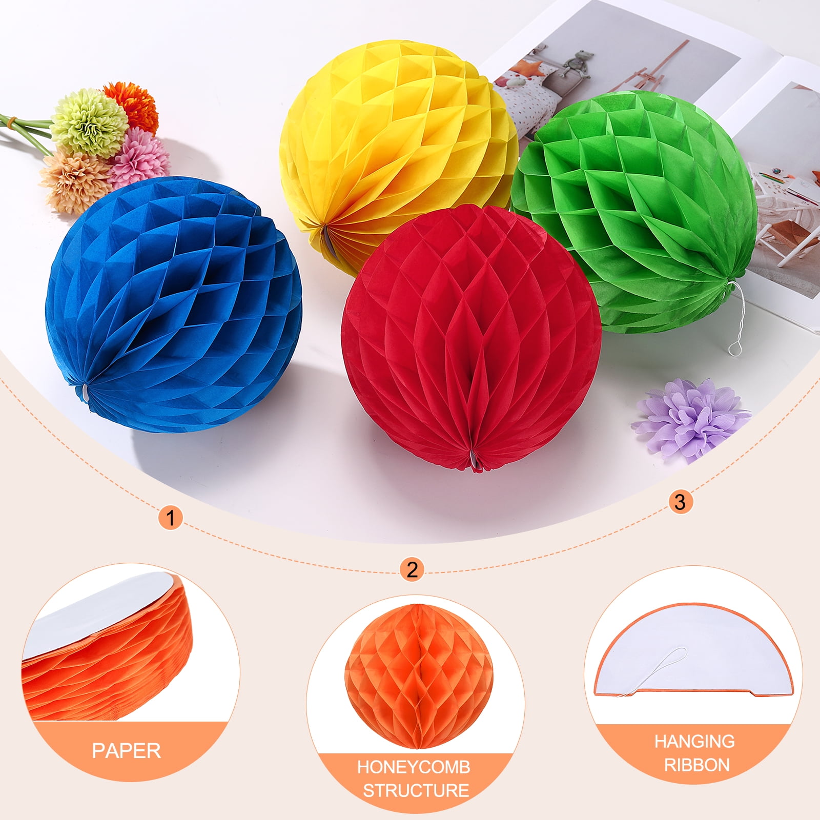 Uxcell 8 Pcs Honeycomb Balls, 10" Dia Honeycomb Flower Paper Pom Poms Paper Flowers Crafts for DIY Crafting Home Decor Birthday Christmas Party, Orange