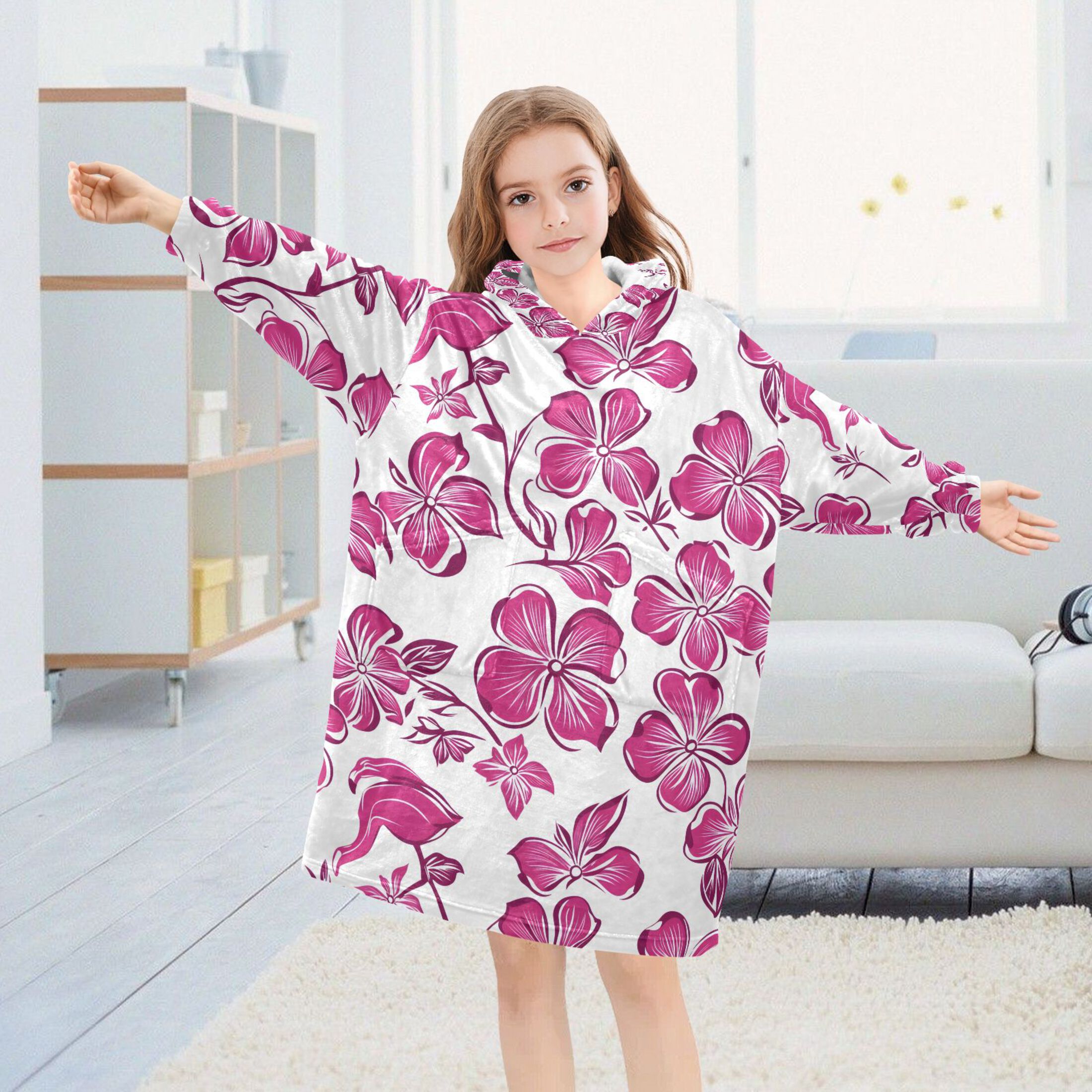 joogoo Wearable Blanket Hoodie for Hand Draw Flower Flannel Sherpa Pocket 3-14 YR S