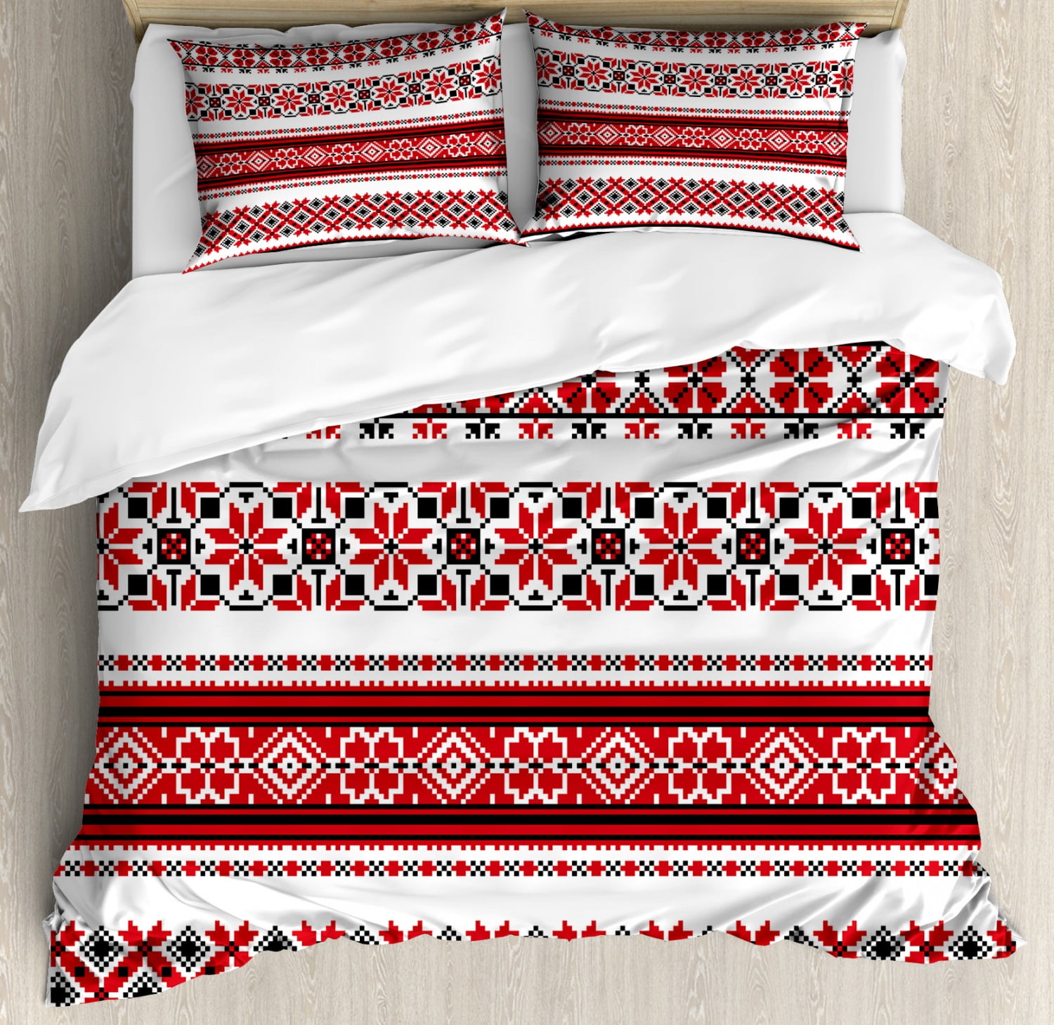 Red Duvet Cover Set Ukrainian Needlework Illustration Ethnic