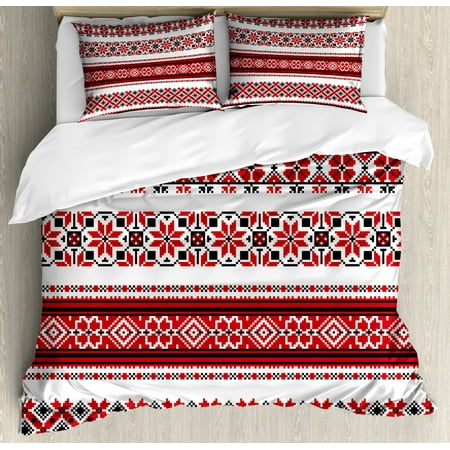 Red Duvet Cover Set Ukrainian Needlework Illustration Ethnic