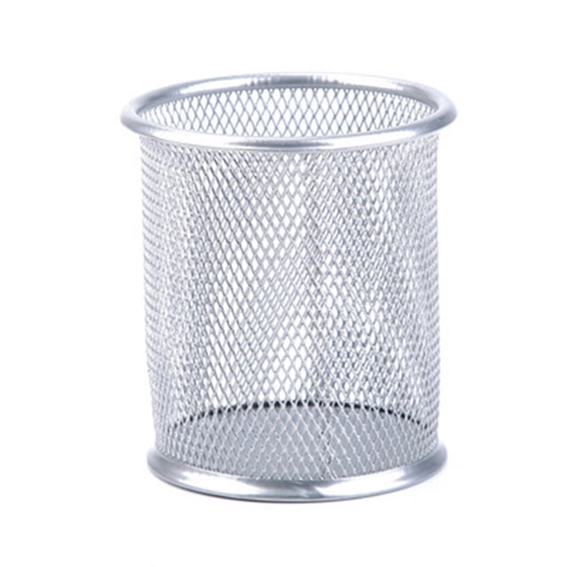fastboy Mesh Metal Pen Holder Pot Smooth Edge Fashion Table Container Eraser Ruler Caddy Desk Stationery Holders Organizer Office Round/Silver