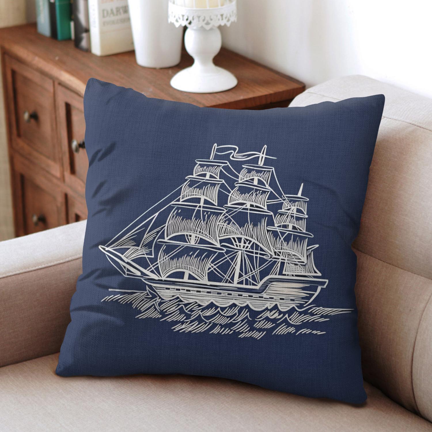 Blue Compass Anchor Sailboat Pillow Cases 16x16, Set of 2, Coastal Sailing Navigation Throw Pillow Cases, Ocean Theme Decorative Cushion Covers for Couch Sofa Living Room Home
