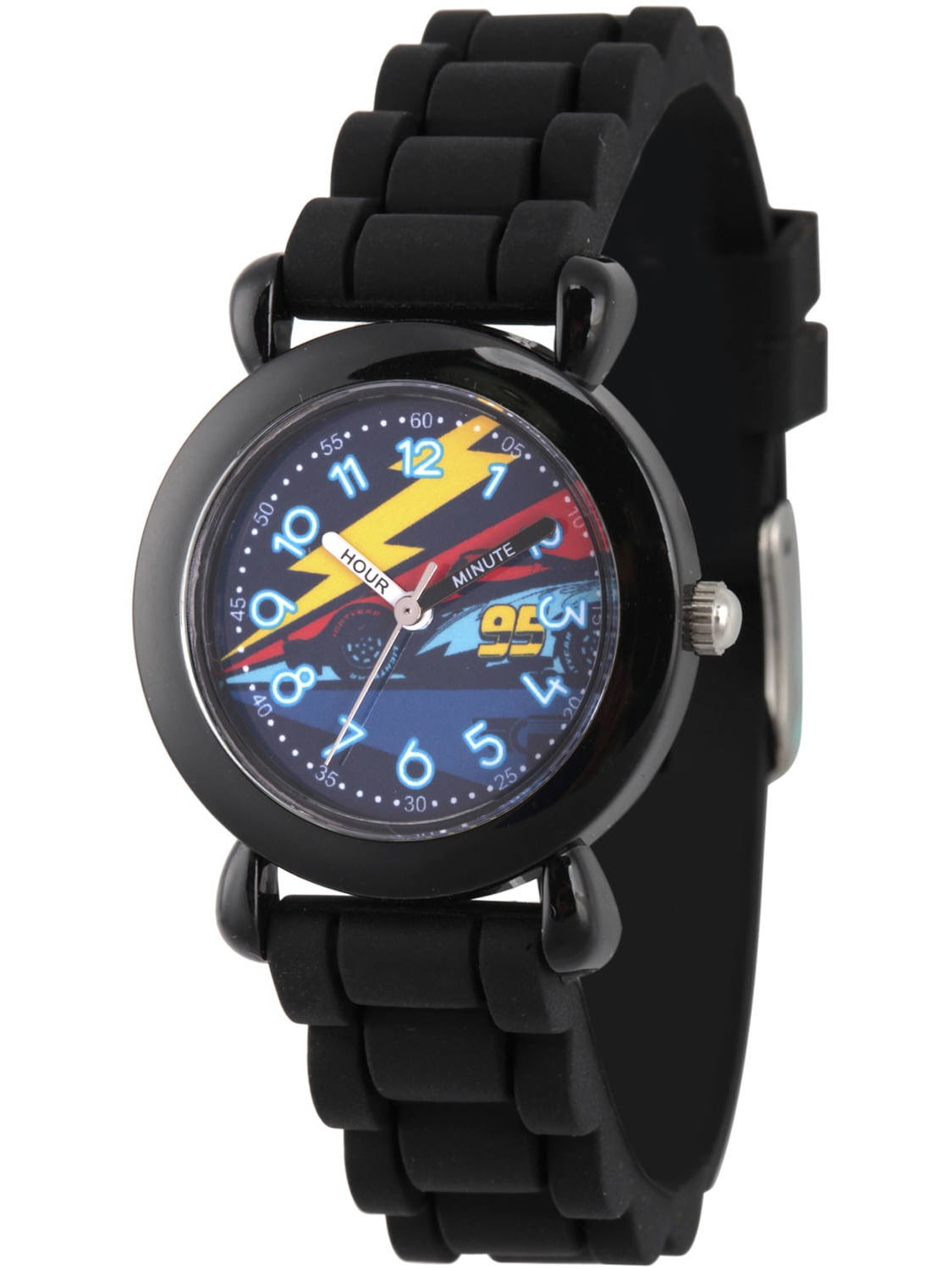 Disney Cars 3 Lightning McQueen Boys' Black Plastic Time Teacher Watch, Black Silicone Strap