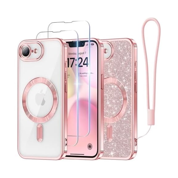 Designed for iPhone 17e/16e Case 6.1", [Compatible with MagSafe] [Glitter Card & Wrist Strap] [2X Screen Protectors] Surround Raised Lens Protection Designed for 17e Phone Case/ 16e, Rose